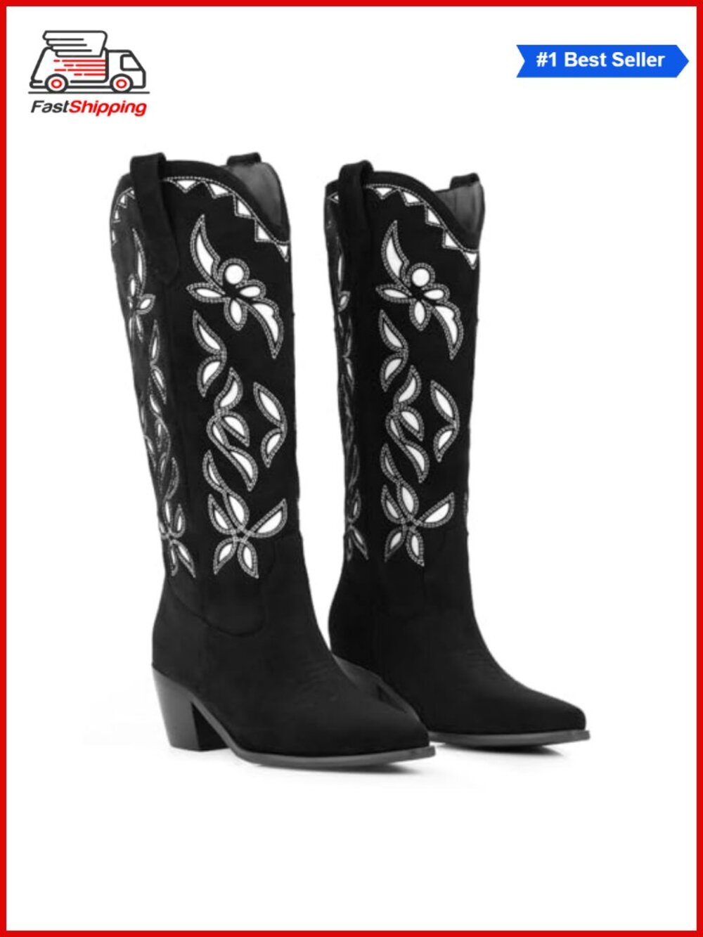 ✨ LingxiaUne Cowboy Boots Women Mid Calf Rhinestone Comfortable Chunky Heel